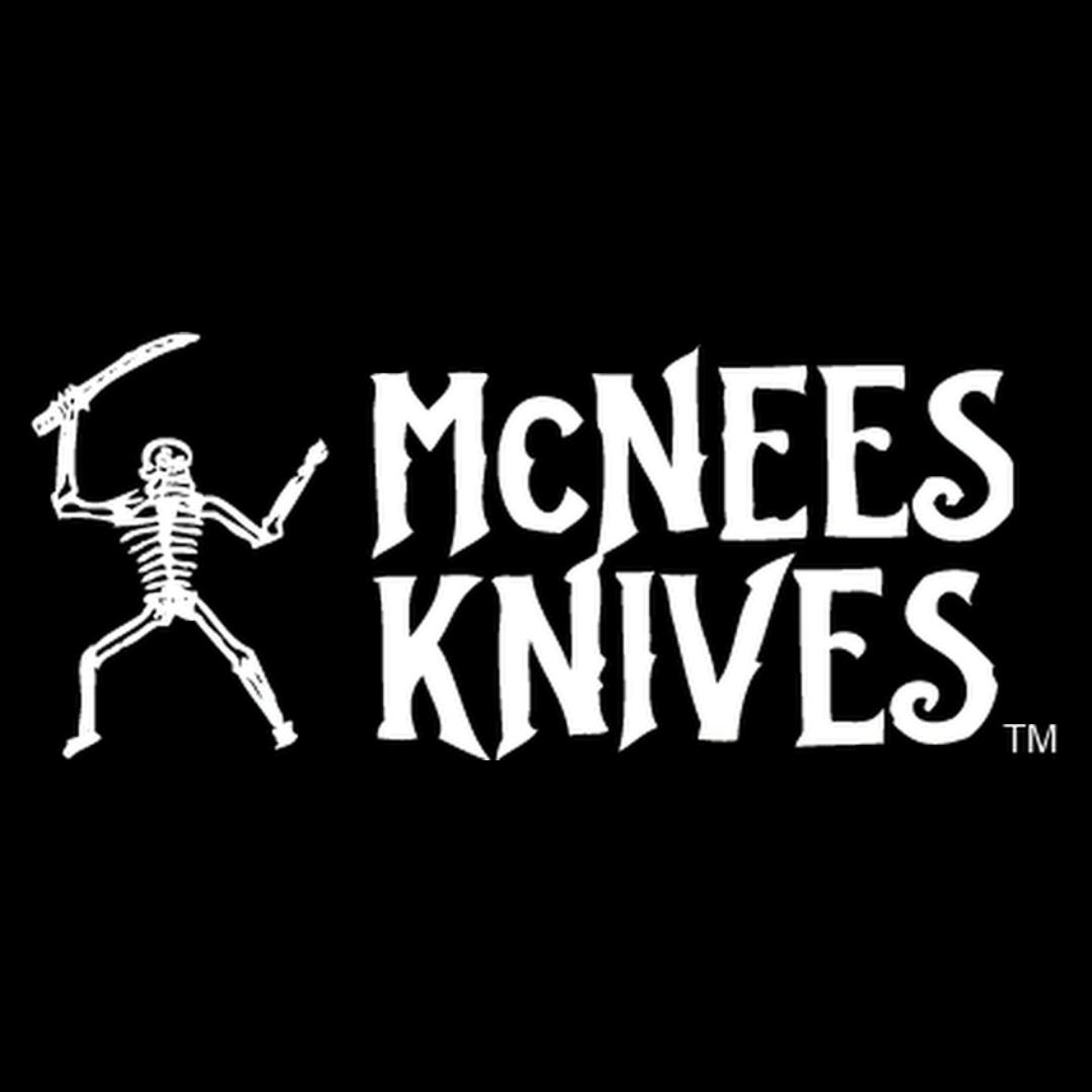 Logo of McNees Knives with a skeleton holding a sword.