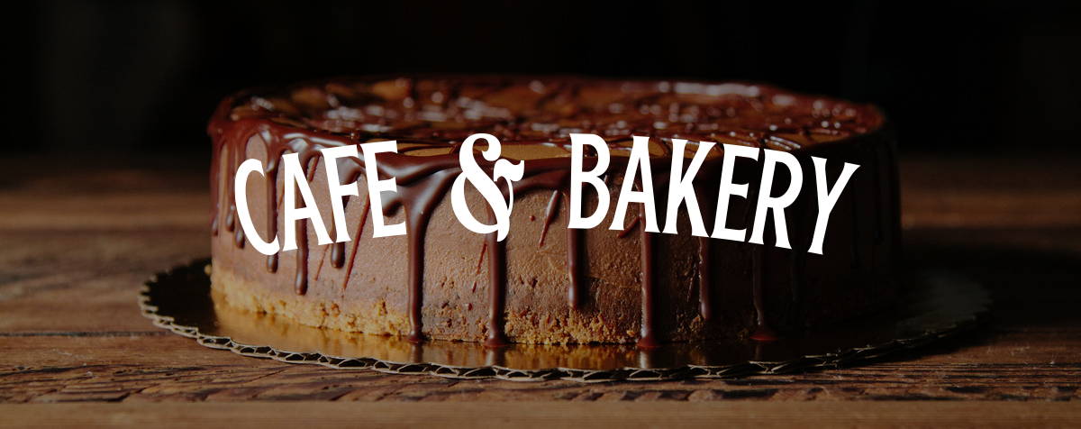 Cafe and Bakery banner with chocolate drizzled cake