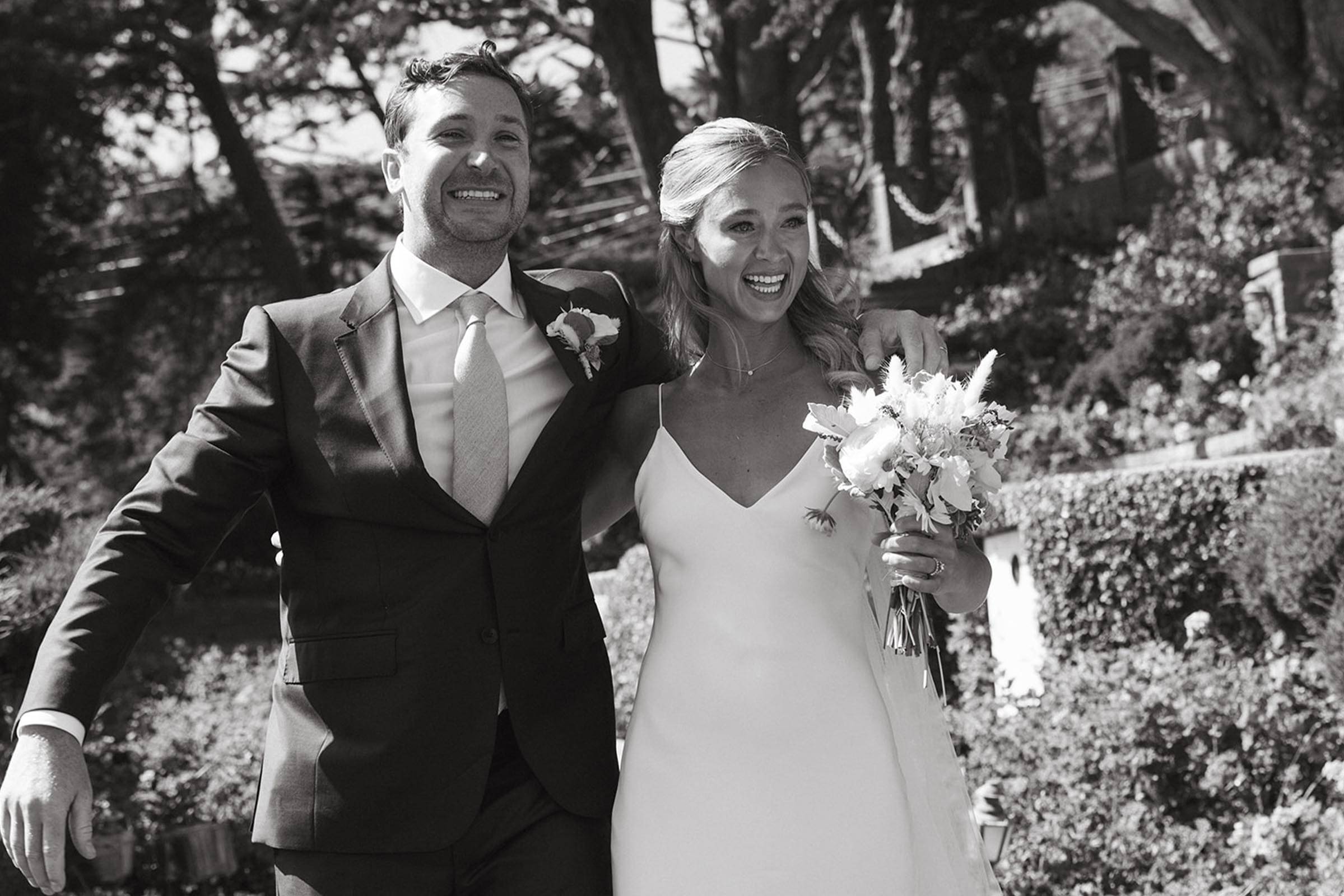 Black and white image of bride and groom
