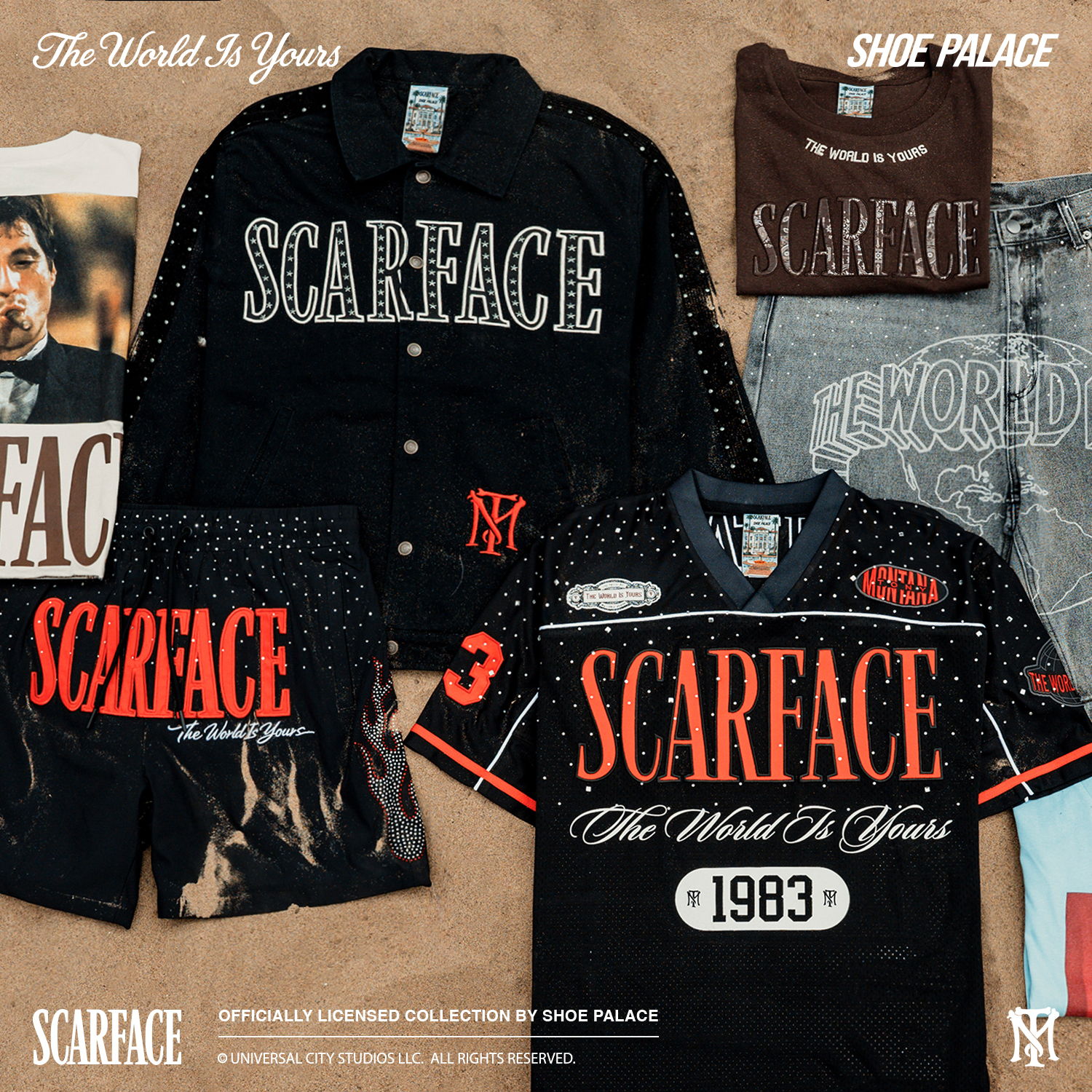 Scarface merchandise collection featuring shirts and a jacket with various designs.