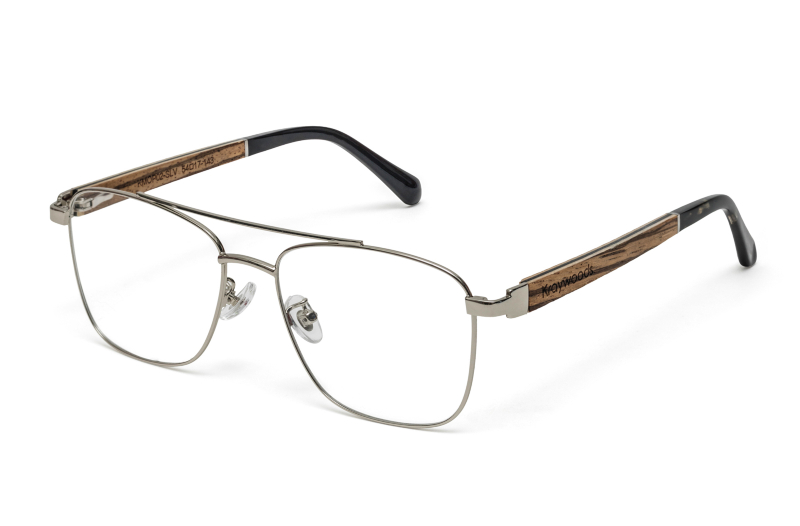 Spring hinge, adjustable nose pads, and wooden temple detail on Kraywoods Drive Silver lightweight glasses
