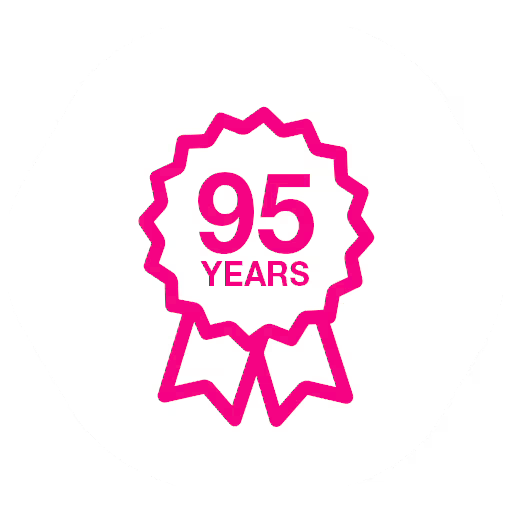 A pink badge with the text 