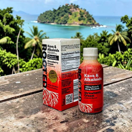 Bottle and box of Kava & Alkalinity drink against a scenic coastal background.