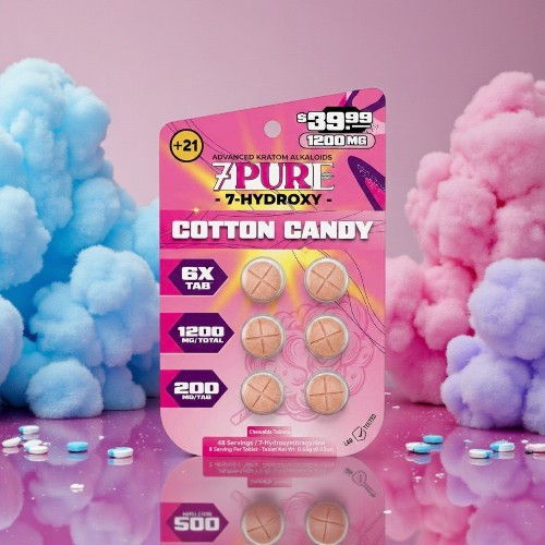 Cotton candy flavored supplement packaging with colorful cotton candy background.