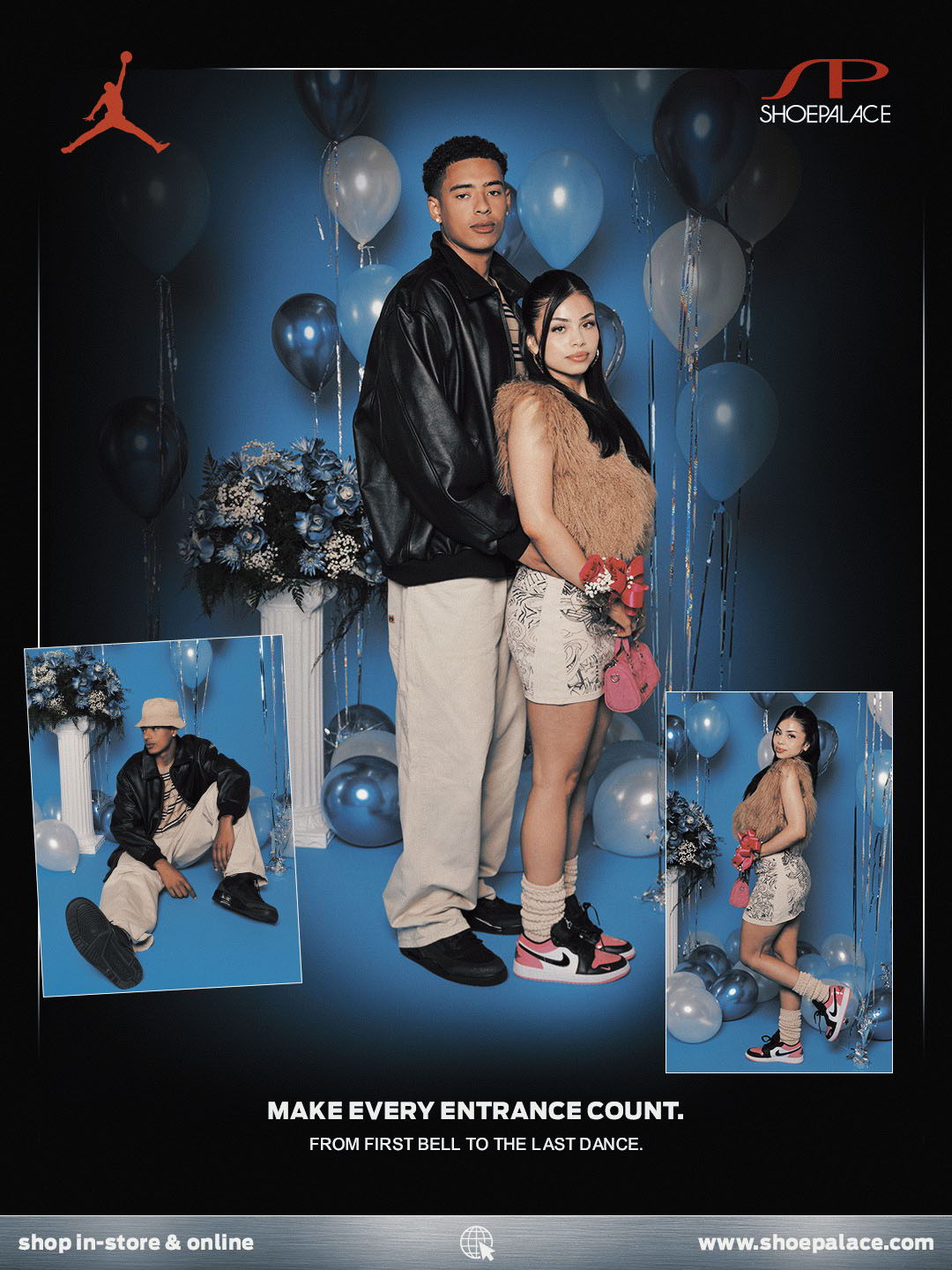 Two people posing with balloons, promoting a fashion brand.
