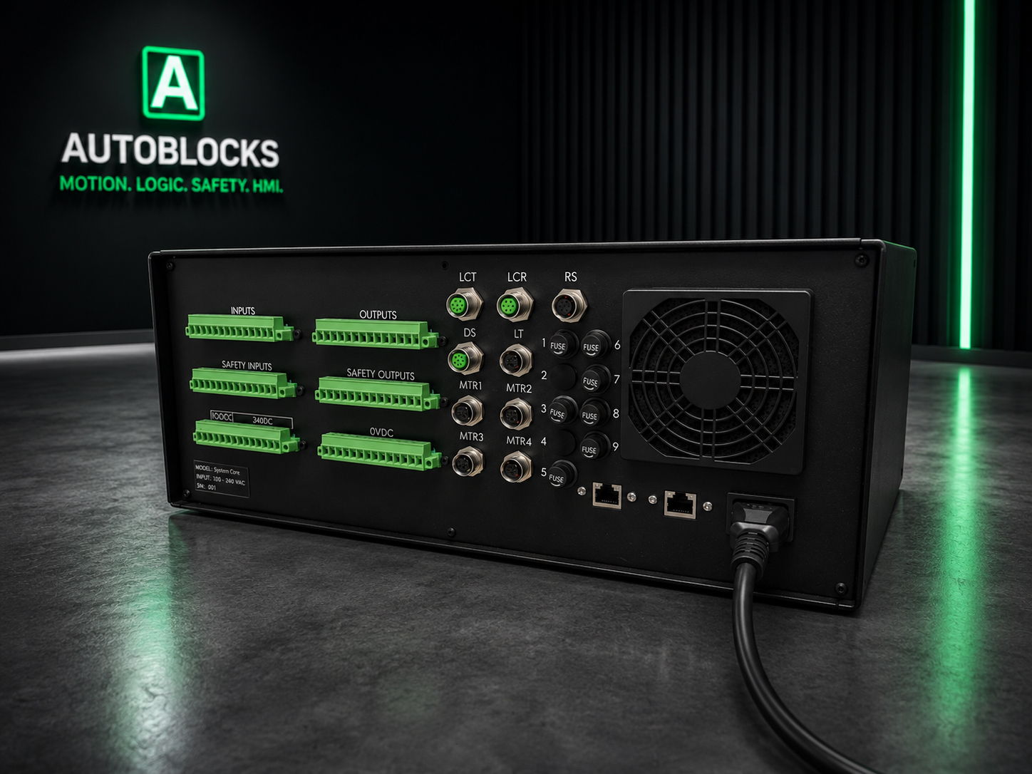 Close-up of external ports and M12 single-cable connections on the Autoblocks Control Block