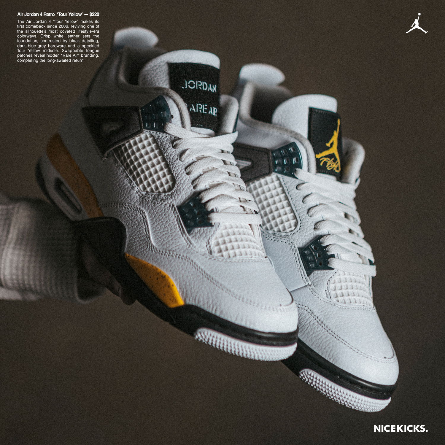 White and yellow Jordan sneakers displayed against a dark background.