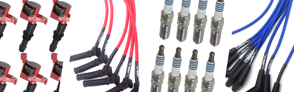 Photo collage of ignition coils, spark plugs and electrical wires for off-road vehicles.