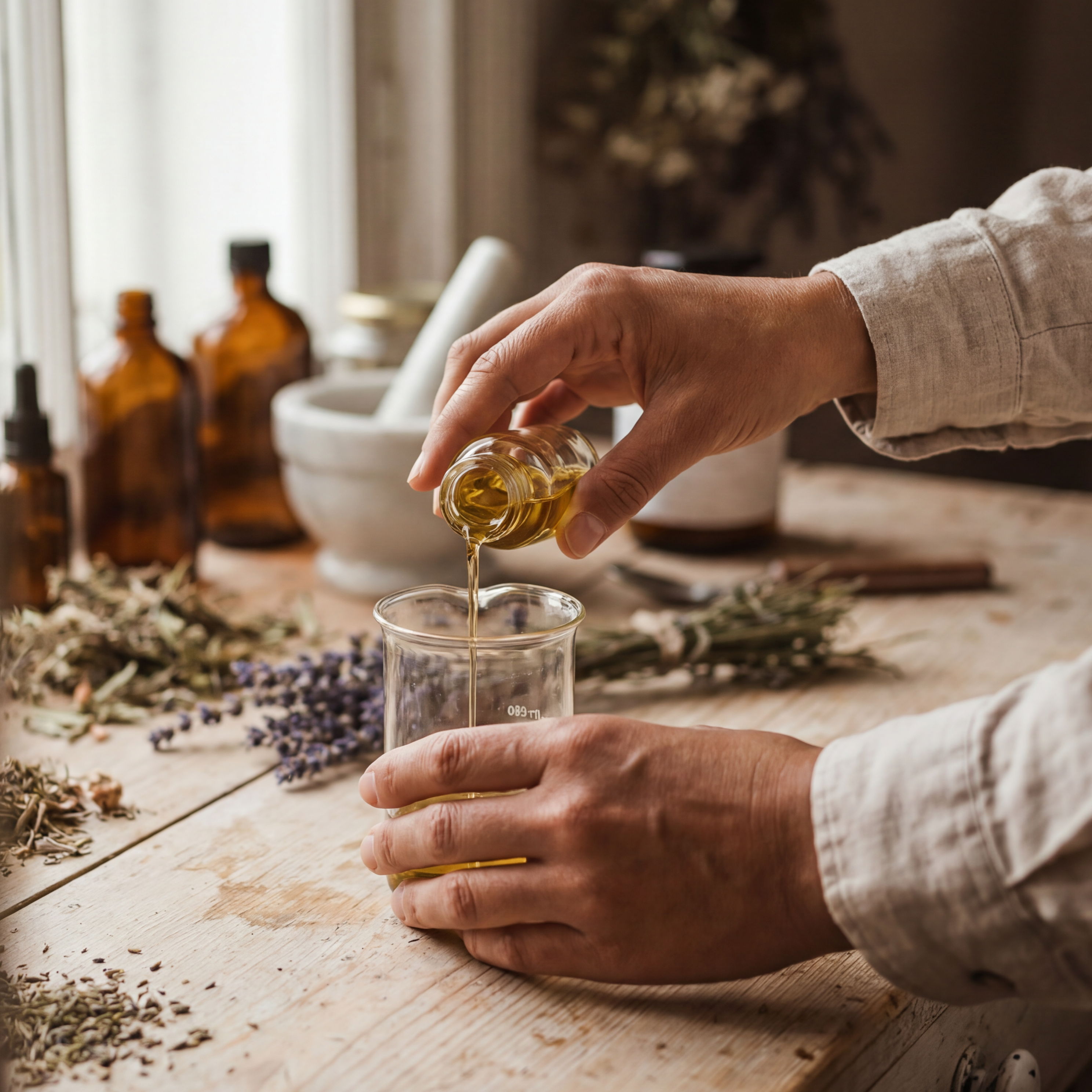 A person pouring oil into a glass container surrounded by herbs.