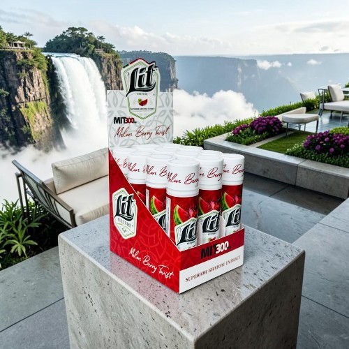 Display of beverages with a waterfall in the background.