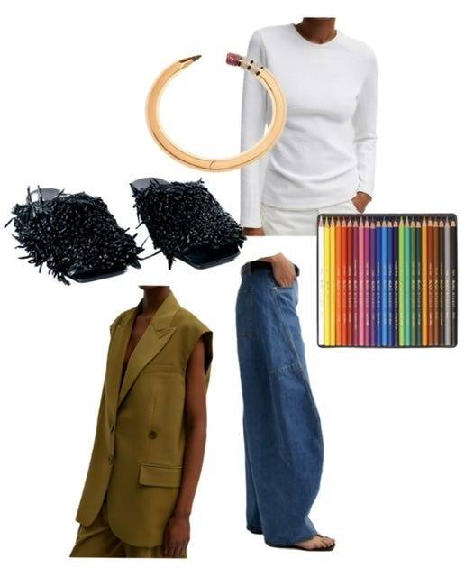 photo collage of shoes, bracelet, shirt, blazer vest, jeans, and coloured pencils