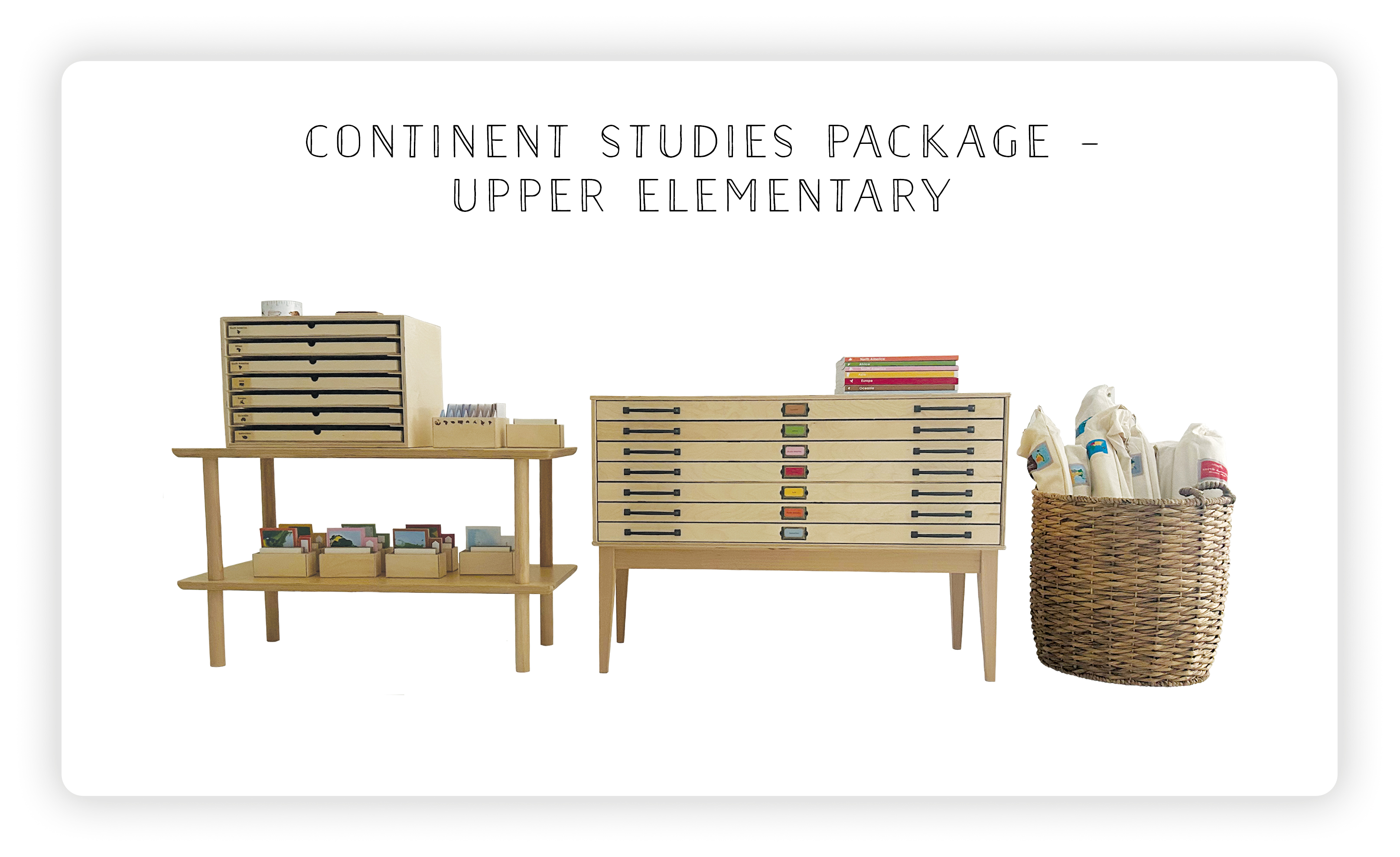 Continents studies educational materials for upper elementary students displayed on furniture.