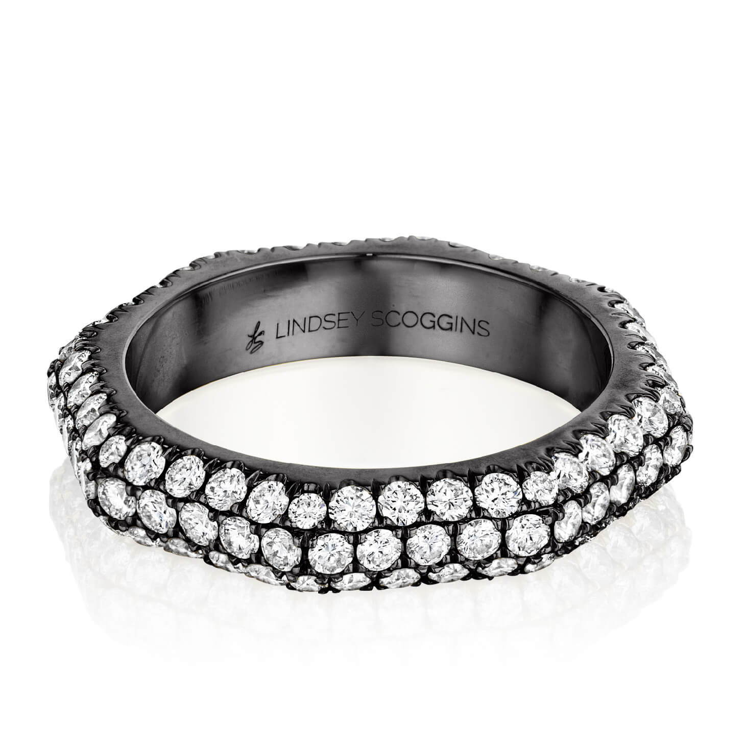 still triple row domed pave band in black rhodium