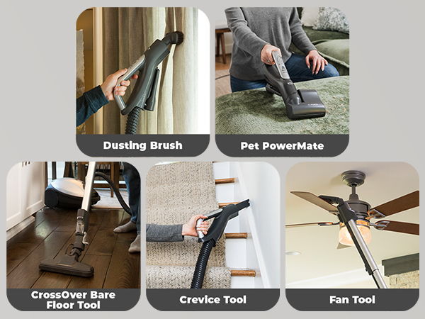 Image of various vacuum attachments for cleaning different surfaces and areas.