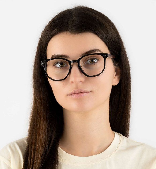 women with squared face wearing Faith Black geometric eyeglasses on a white background