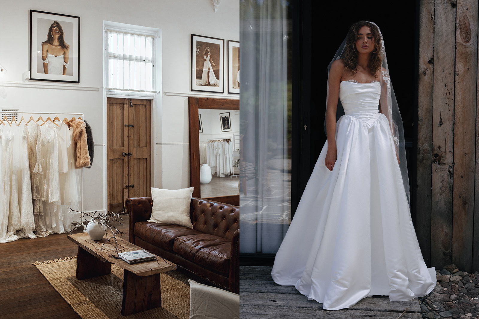Bridal shop interior with wedding dresses and a bride in a white gown.