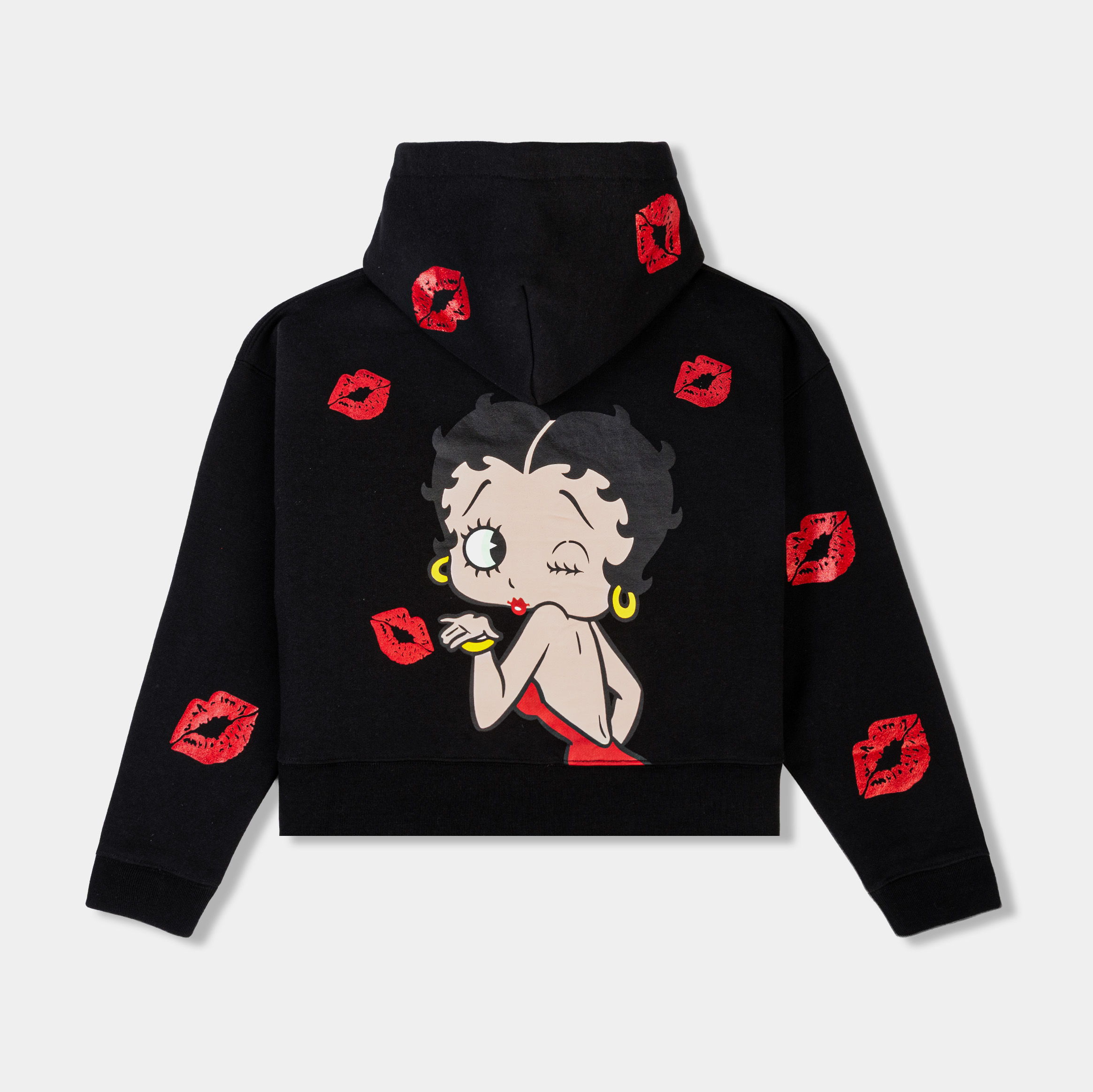 Black hoodie with red lips and a heart design.
