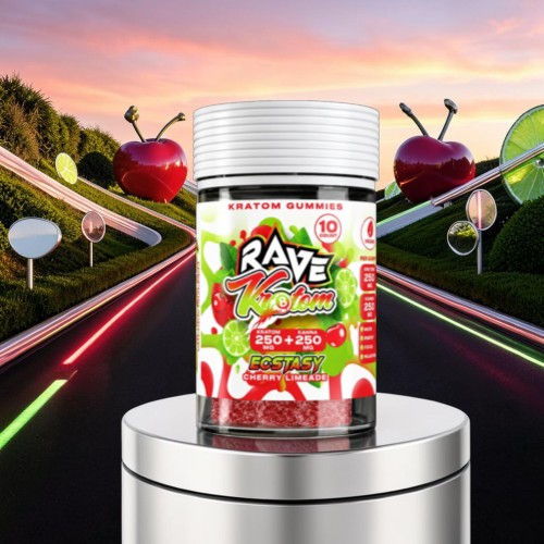 Container of RAVE energy supplement with colorful background and cherry graphics.