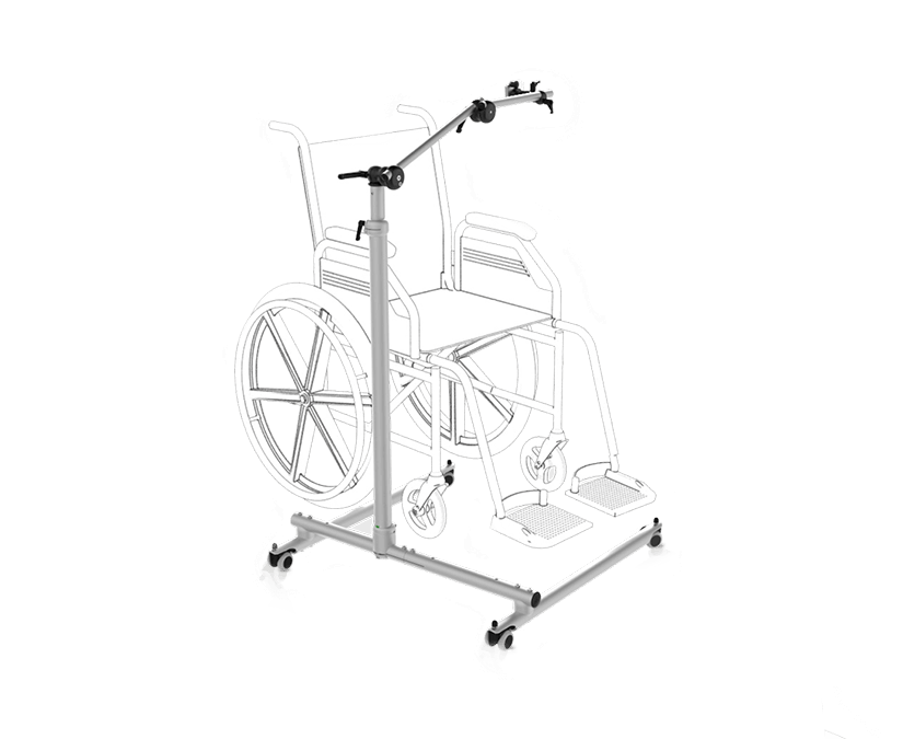 Tobii Dynavox Rehadapt FS-Vario gulvstativ har en base som passer rundt en rullestol