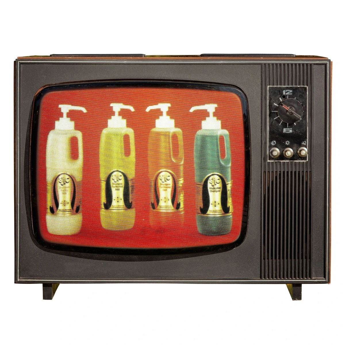 A retro television displaying colorful bottles of shampoo.