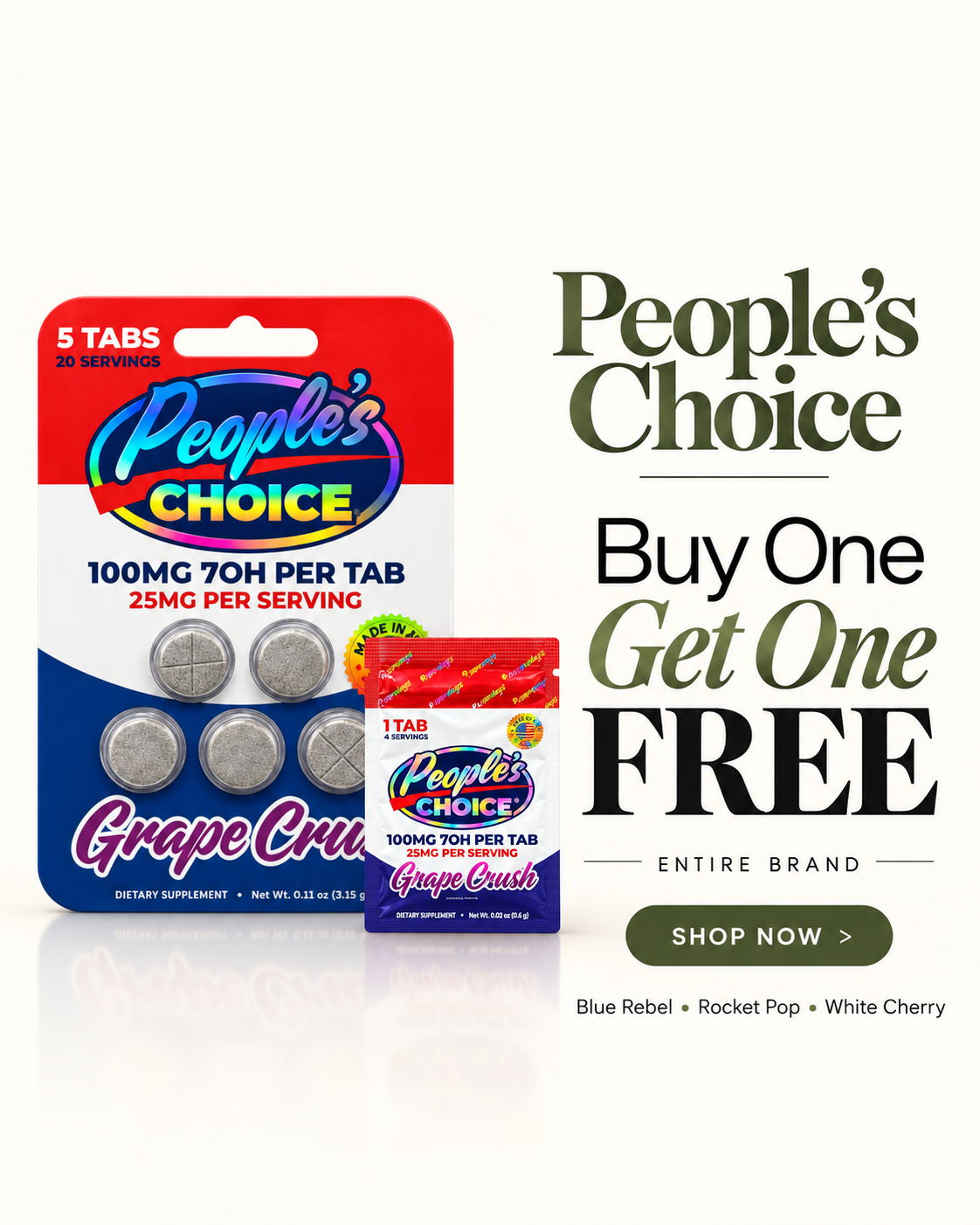 People's Choice product promotion with grape chewable tablets and a buy one get one offer.