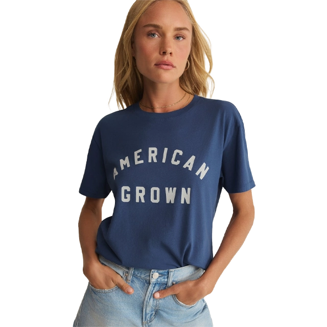 Woman wearing a blue t-shirt with 