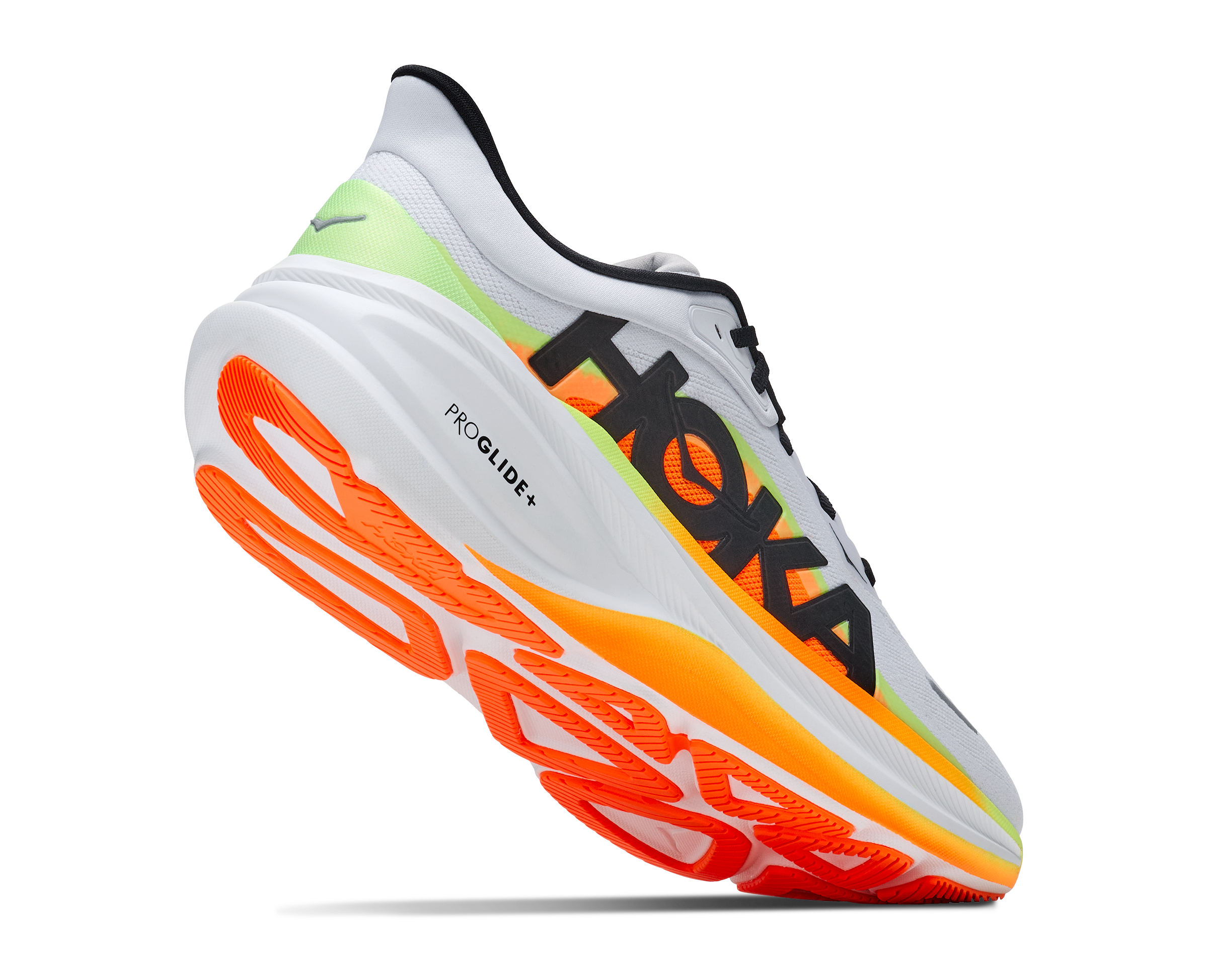 Der Hoka Clifton Pro seitlich leicht schräg von unten fotografiert.