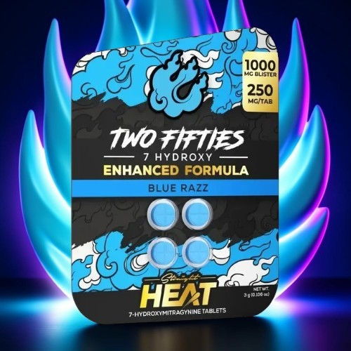 Packaging for Two Fifties Hydroxy Enhanced Formula, Blue Razz flavor, featuring four tablets.