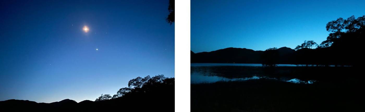 夜は静かな桧原湖畔、無数の星が夜空を覆う