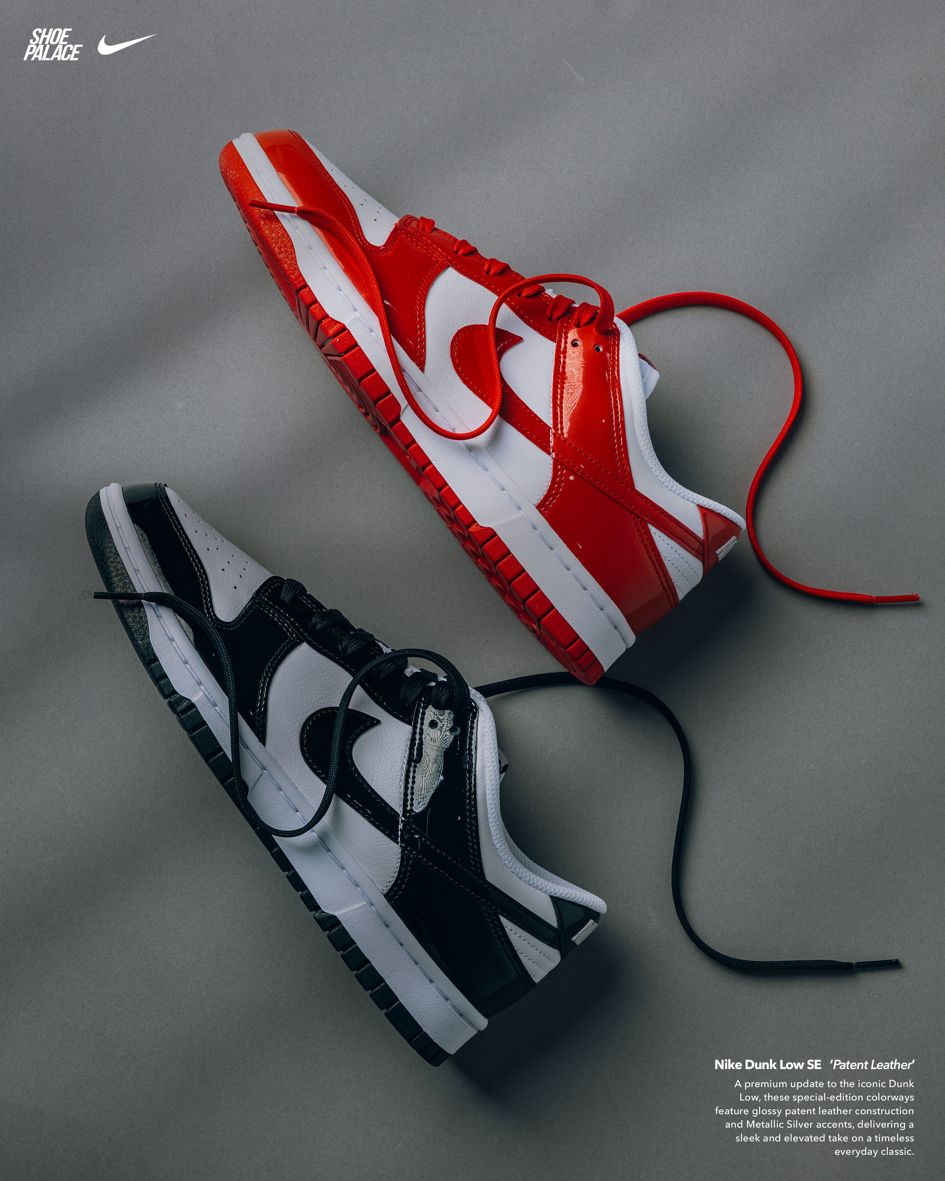 Nike sneakers in red and black colorways, displayed on a gray background.