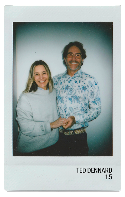 Two people smiling together in a polaroid-style photo.