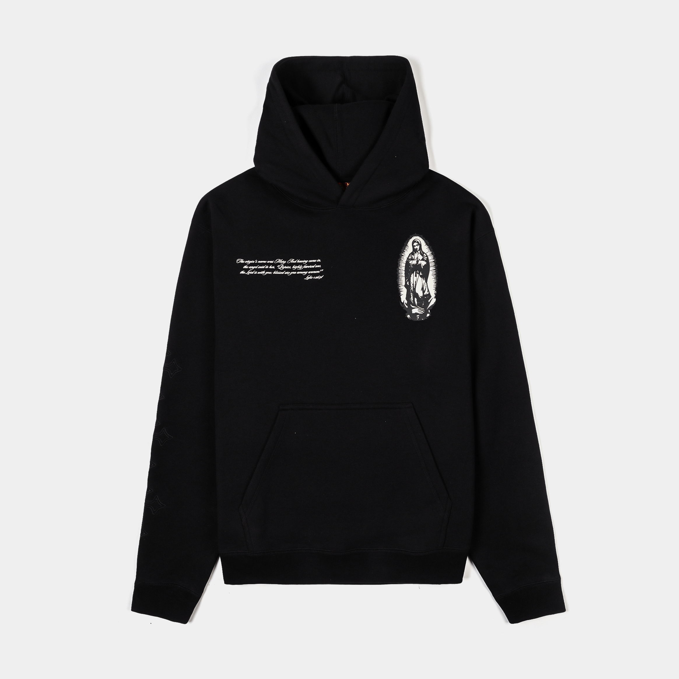 Black hoodie with graphic design on the front.