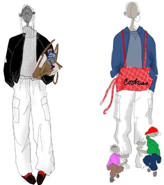 Two fashion illustrations featuring casual outfits and accessories.