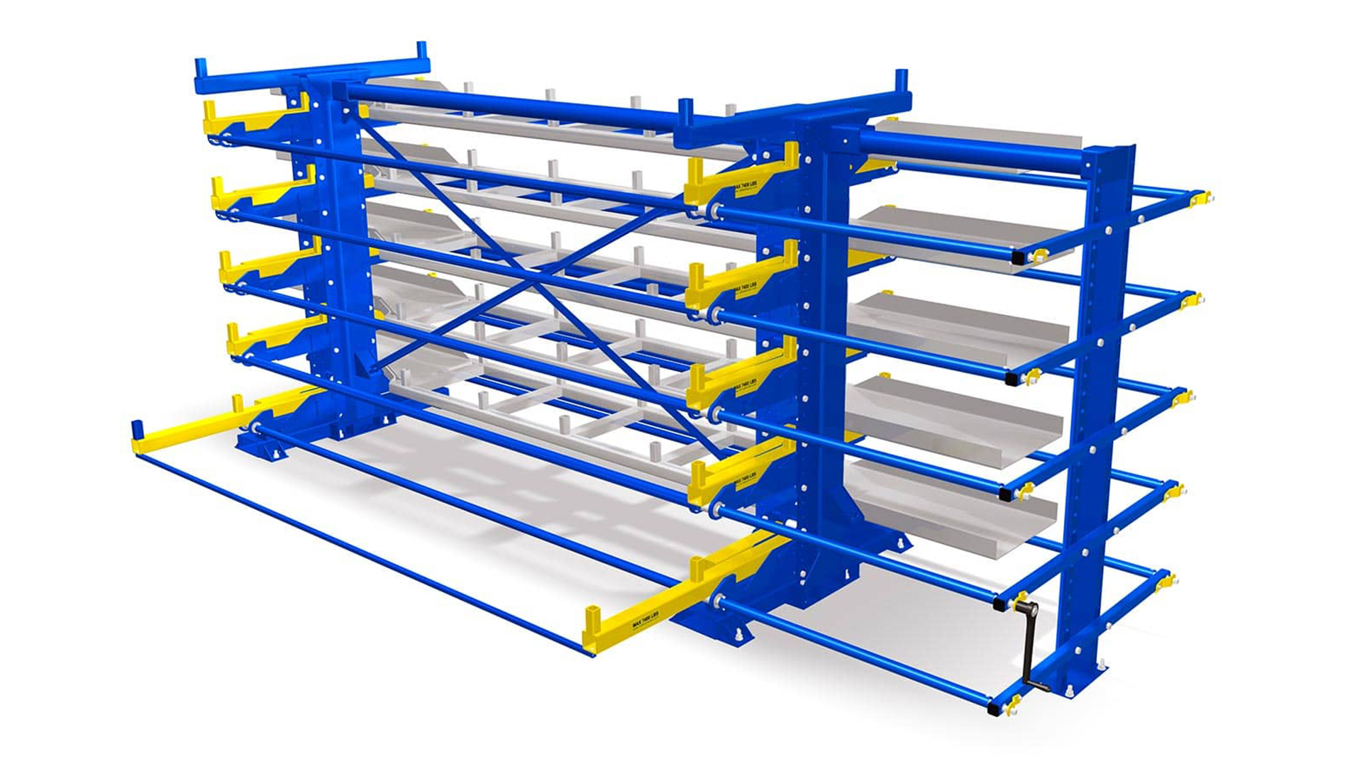 Industrial shelving unit with blue and yellow structure for storage.