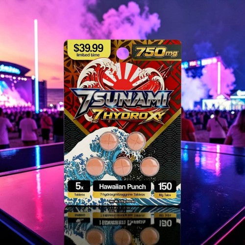 7SUNAMIHYDROX Hawaiian Punch supplement packaging with concert backdrop.