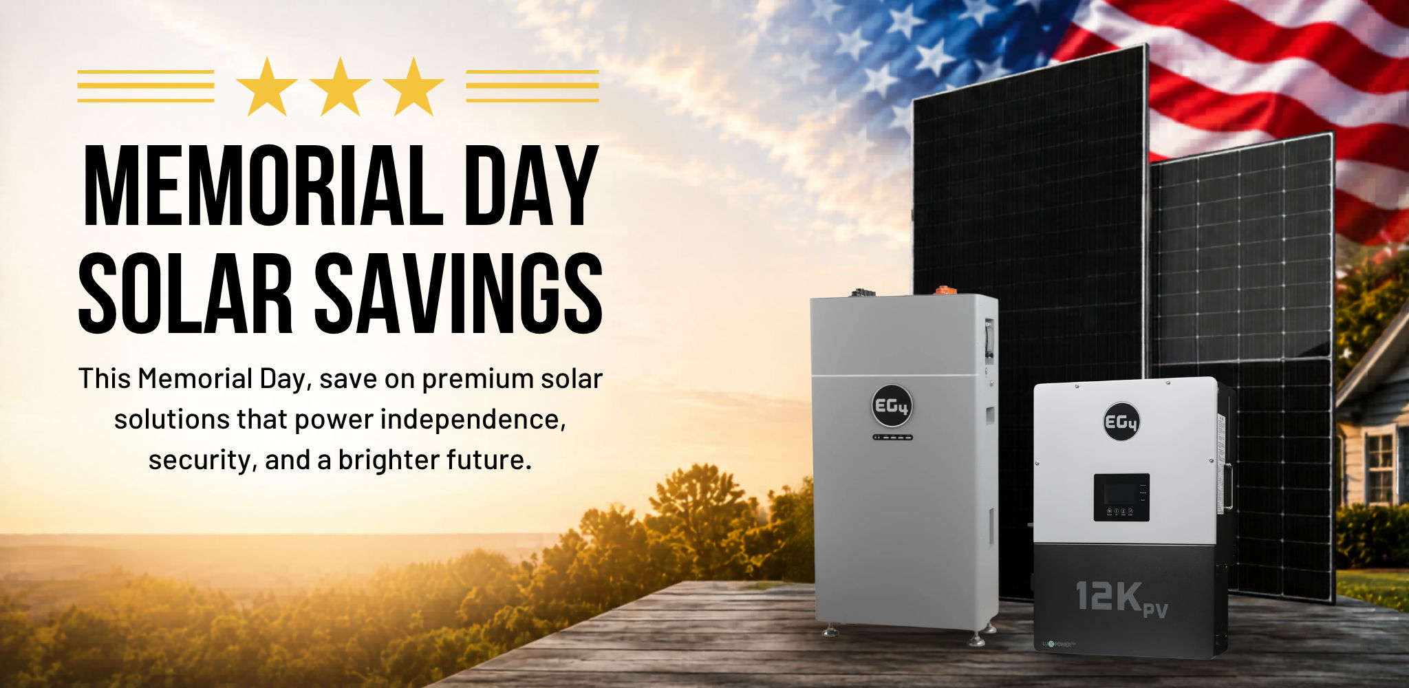 Memorial Day solar savings promotion with solar panels, EG4 inverter, and battery solutions.