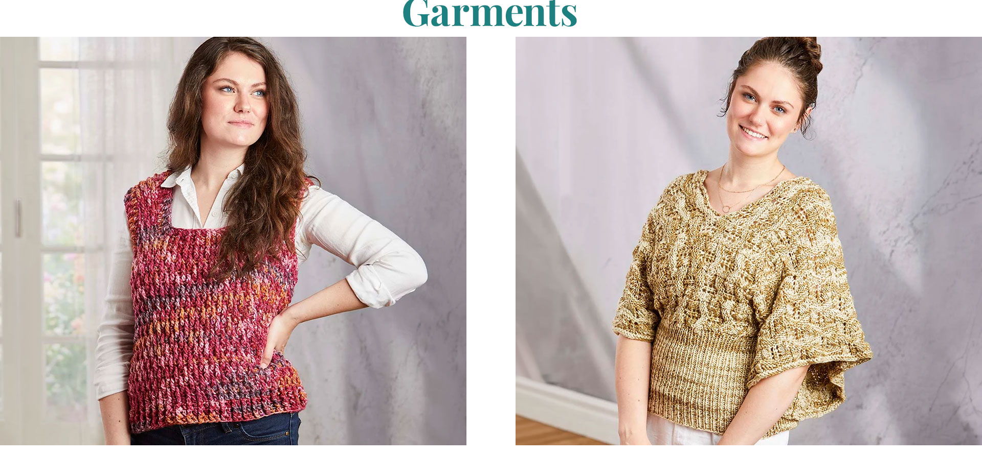 Two women modeling knitted garments in a bright setting.