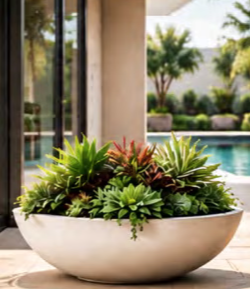 Low Bowl planted with succulents by a pool.