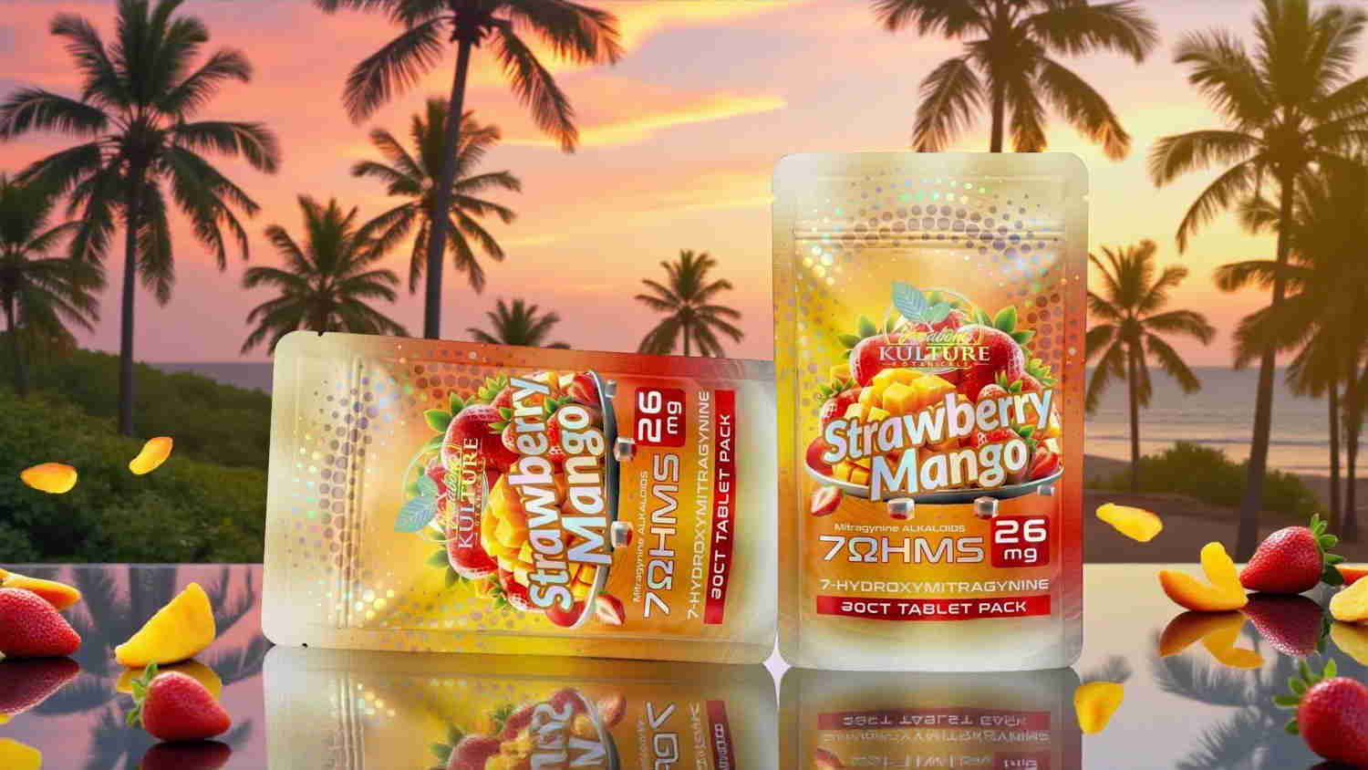 Two mango products in front of a tropical sunset and palm trees.