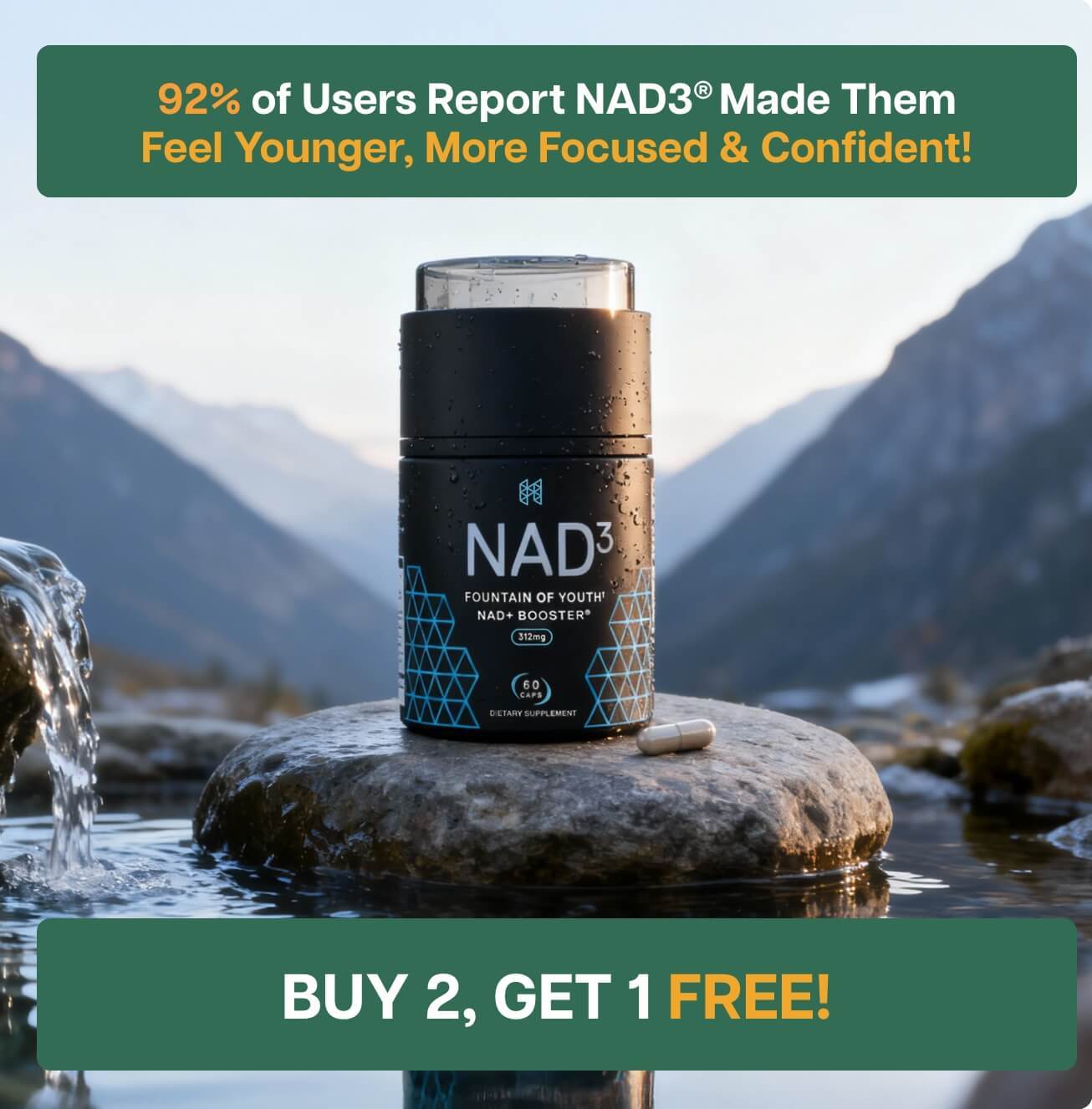 Producto NAD³ con texto promocional cerca de una fuente de agua.
