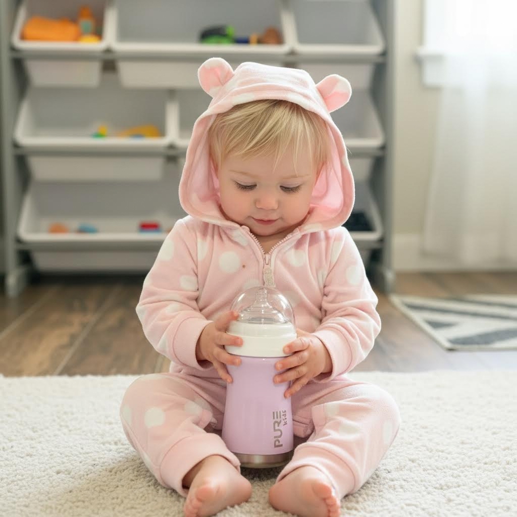 A baby girl sitting cross-legged with a pink baby bottle