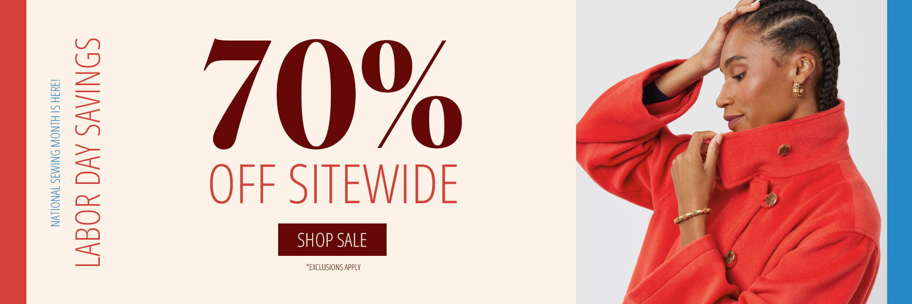 Woman in red jacket, promoting 70% off sitewide sale.