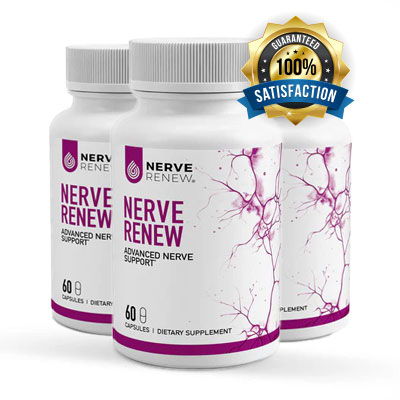 Bottles of Nerve Renew dietary supplement with satisfaction guarantee badge.
