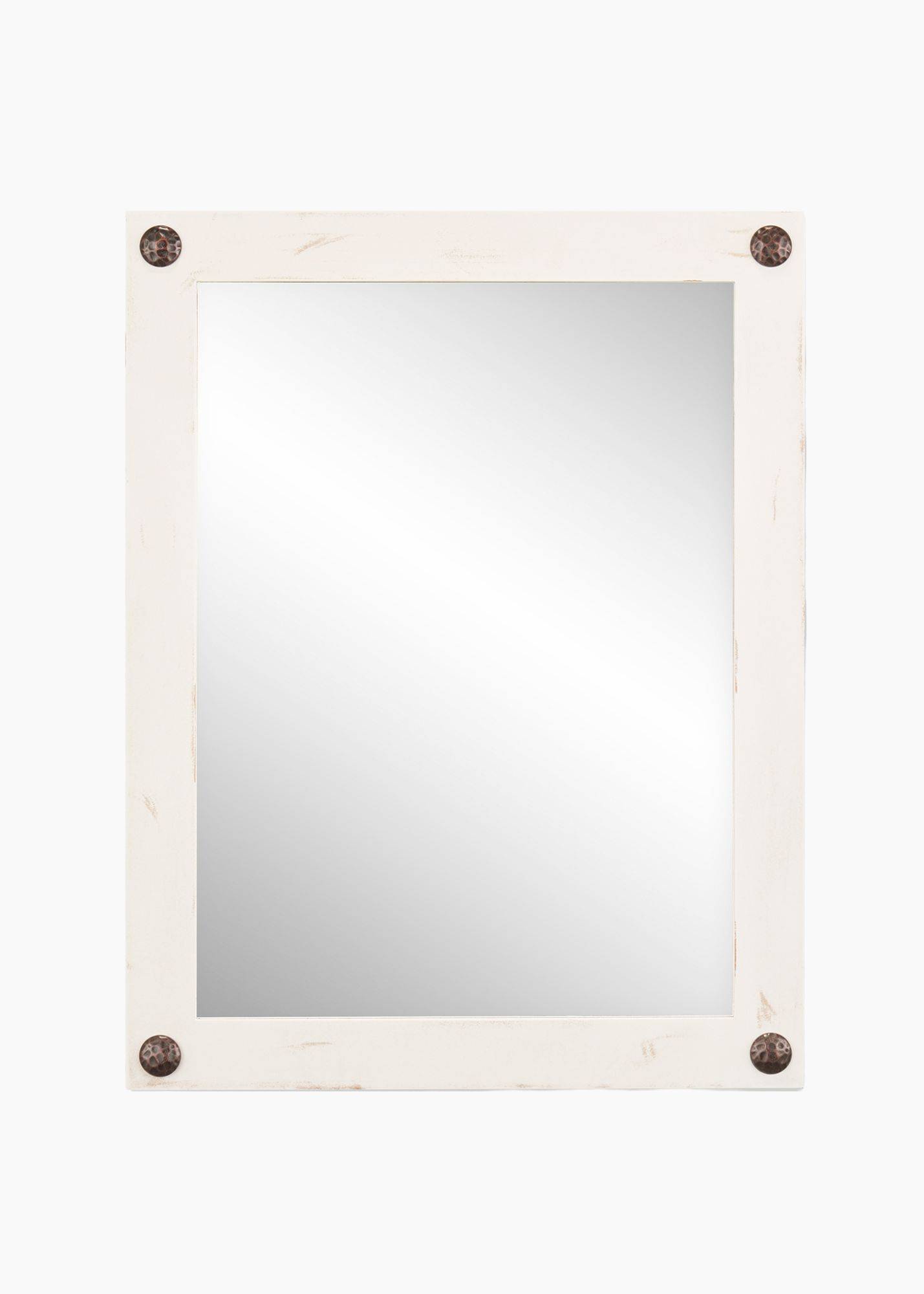 tall white frame vanity mirror with metal accent