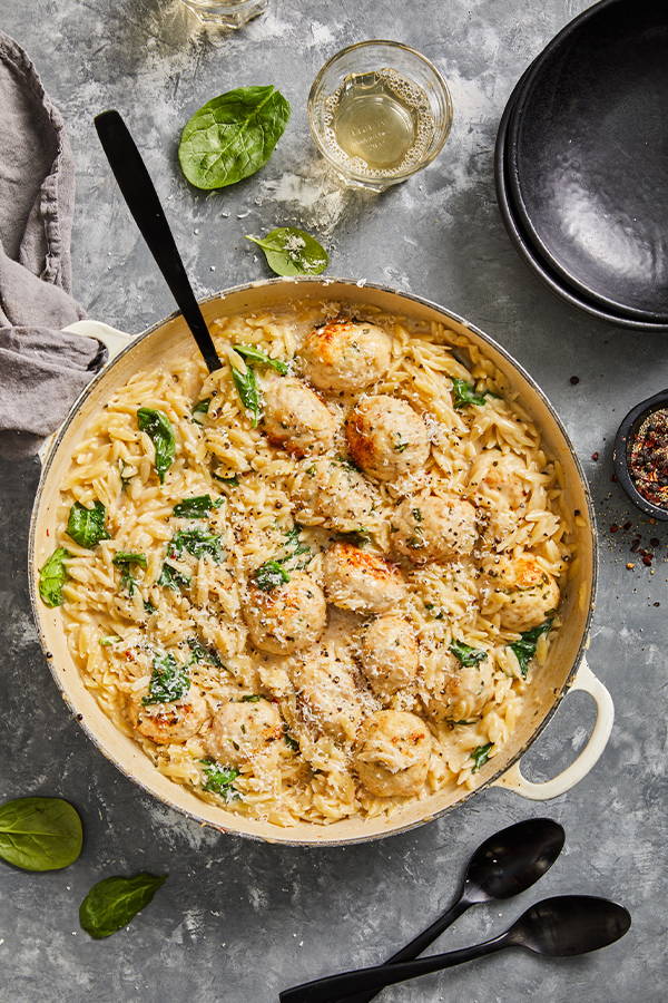 Baked Chicken Meatballs With Creamy Parmesan Orzo