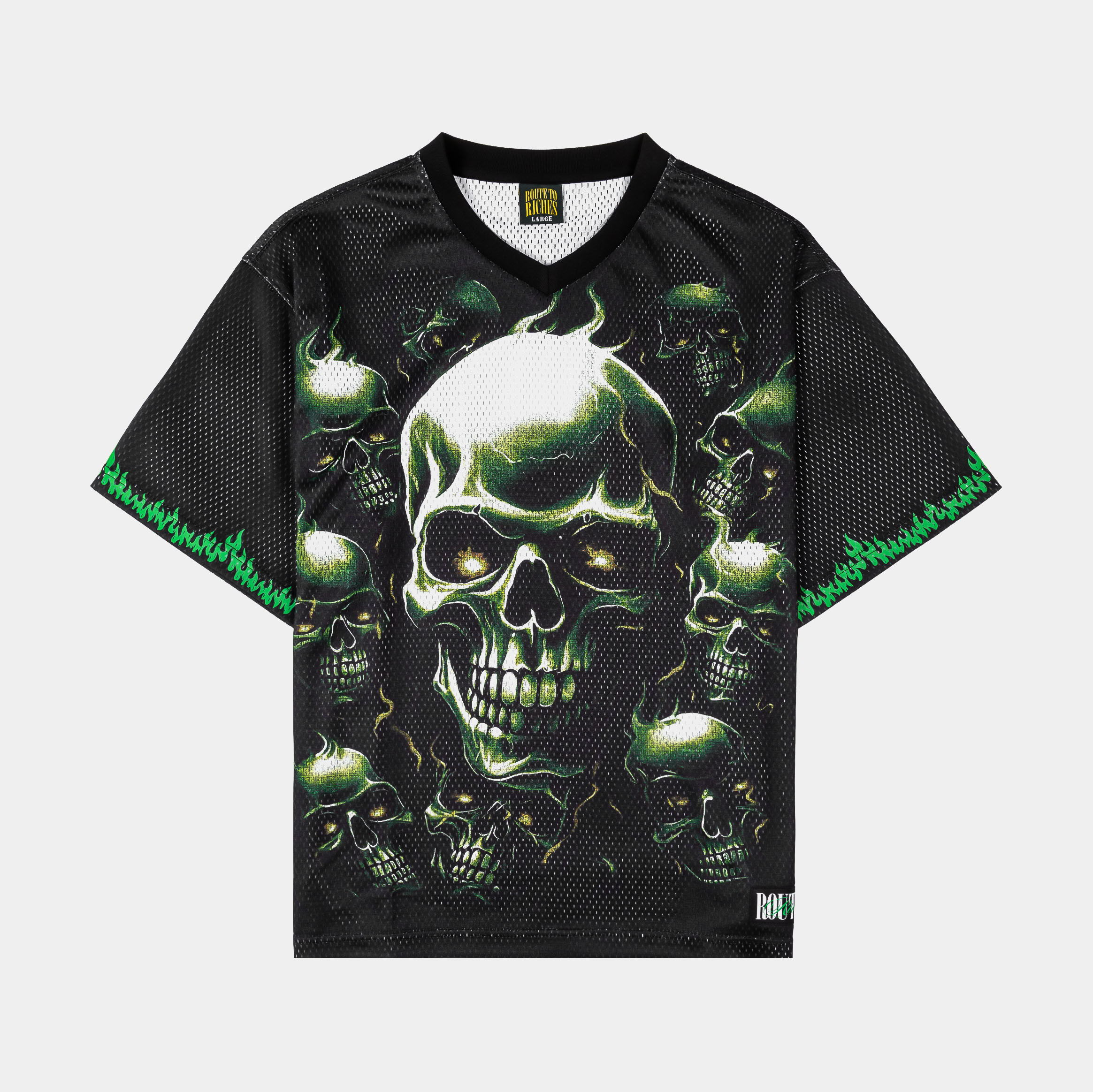 Black t-shirt featuring a skull design and green accents.