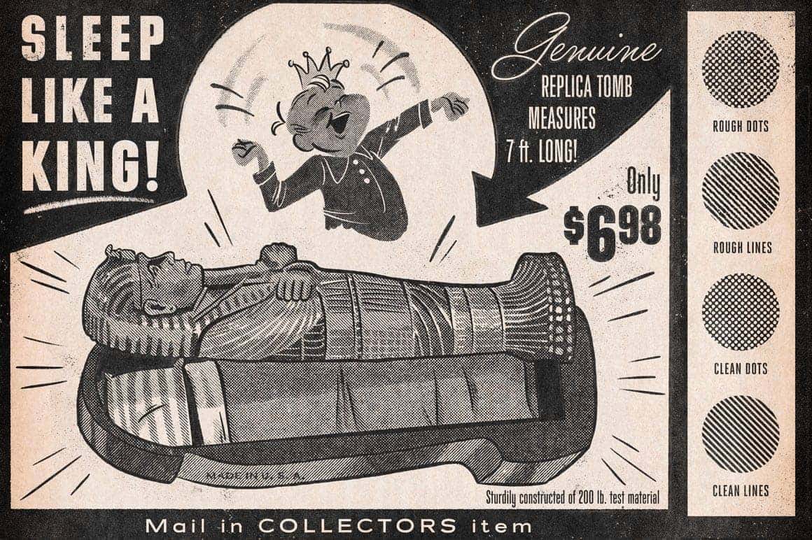 DupliTone halftone illustration of vintage style mail order catalog ad with sarcophagus by Robin Banks