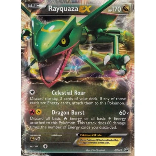 Rayquaza EX Pokémon card with abilities Celestial Roar and Dragon Burst.