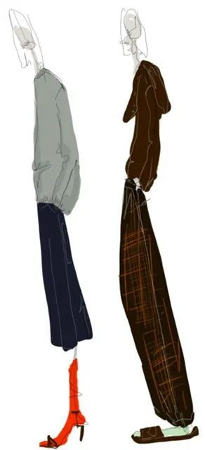 Fashion sketches of two models wearing different outfits and shoes.