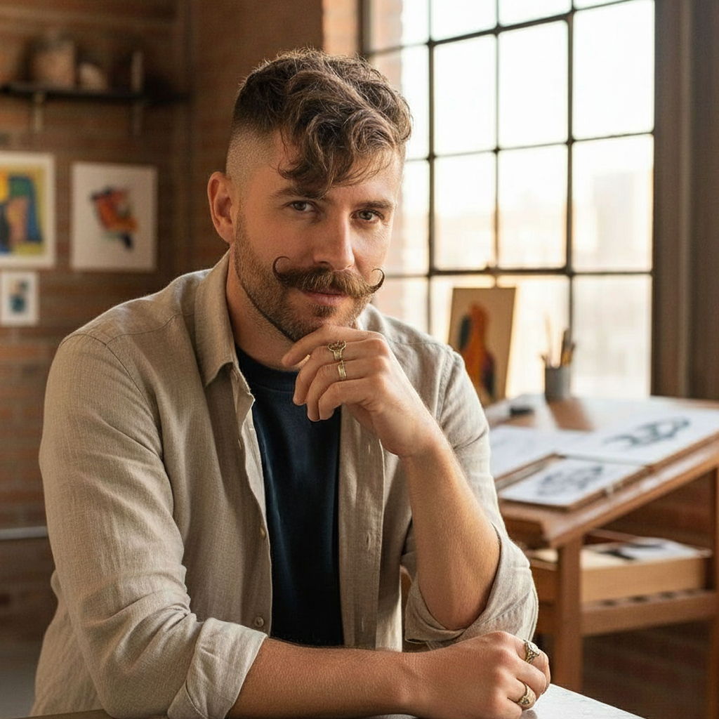 Man with a mustache sitting in a sunlit studio, looking thoughtfully at the camera.